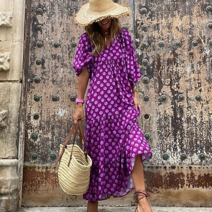 Esra - Boho Çiçek Puf Kollu Elbise