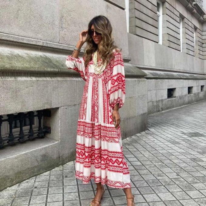 Esra - Boho Çiçek Puf Kollu Elbise