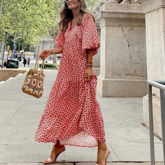 Esra - Boho Çiçek Puf Kollu Elbise