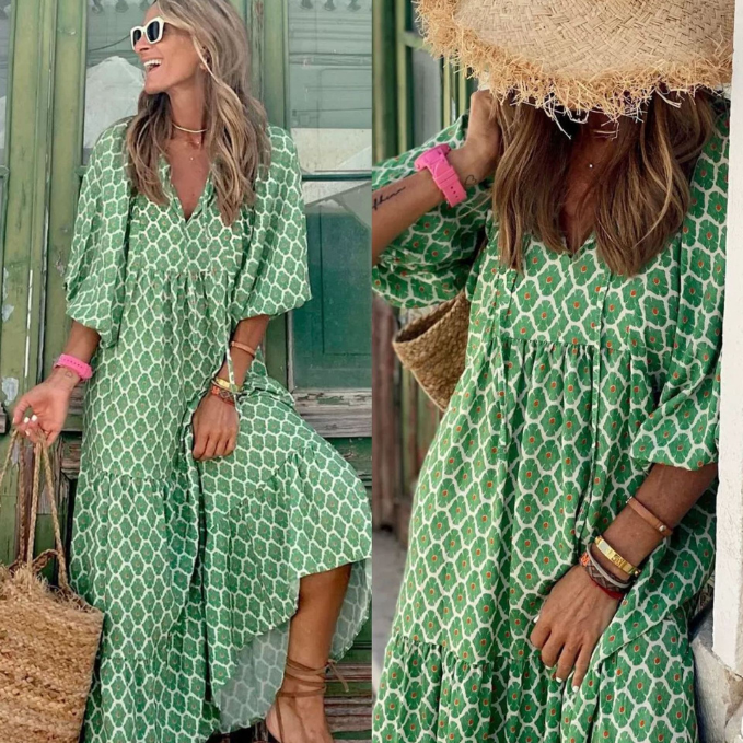 Esra - Boho Çiçek Puf Kollu Elbise
