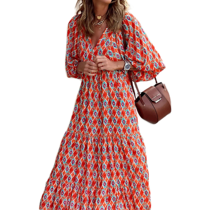 Esra - Boho Çiçek Puf Kollu Elbise