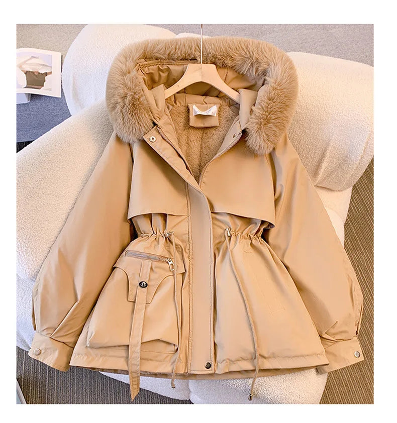 Elegant women's coat with faux fur collar
